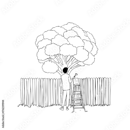 Man painting a large cauliflower shaped tree in a yard with a fence using a ladder and paint roller