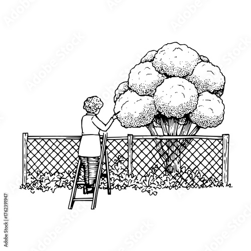 Woman on a ladder trimming a large broccoli shaped bush behind a fence in a garden landscape drawing