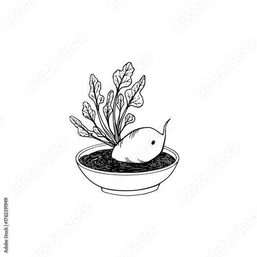 Illustration of a radish with leaves growing in a bowl filled with dark soil on a white background art