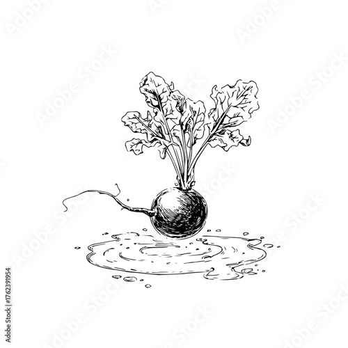Sketch of a single beet with leaves and a long root resting in a small puddle on a white background