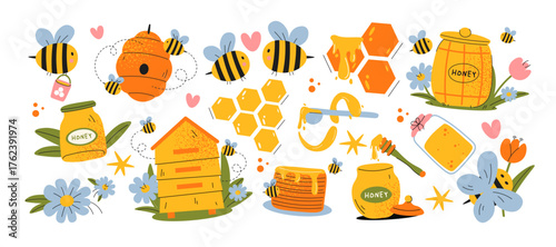  Beekeeping and honey stickers in retro cartoon. Apiary objects: bees, beehives, honey jars, honeycombs, dipper, flowers, pancakes. Organic product scene. Illustration in funky, doodle 
