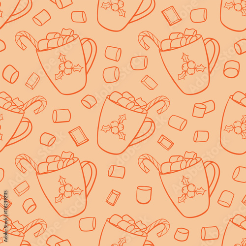 Christmas cocoa drink with marshmallows pattern. Hot chocolate drink repeat background. Winter season drink doodle illustration