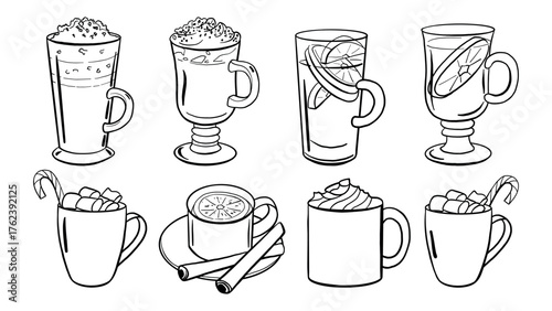 Hot winter drinks, cocoa, mulled wine, chocolate, eggnog, peppermint mocha with mugs, glasses, engraving, illustration, monochrome doodle drawing