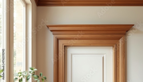 Interior wood door frame with ornate molding detail. Natural light streams from a window illuminating the wooden trim and white door panel. Elegant home decor element.