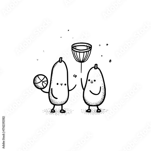 Two cartoon zucchini characters playing basketball with a hoop in a black and white drawing style