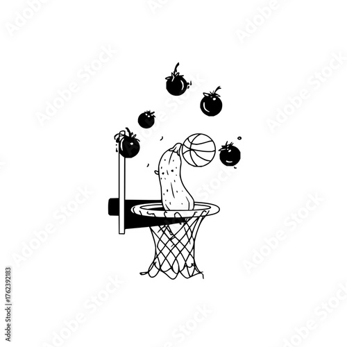 A whimsical illustration of a pickle shooting a basketball into a hoop with tomatoes floating above it