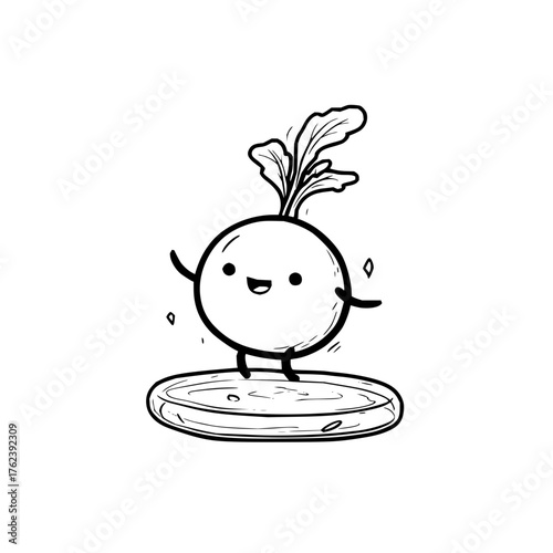 A cartoon turnip character with a smiling face standing on a petri dish in black and white style