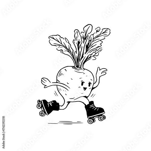 A cartoon beet with a smiling face and arms wearing roller skates and skating on a white background