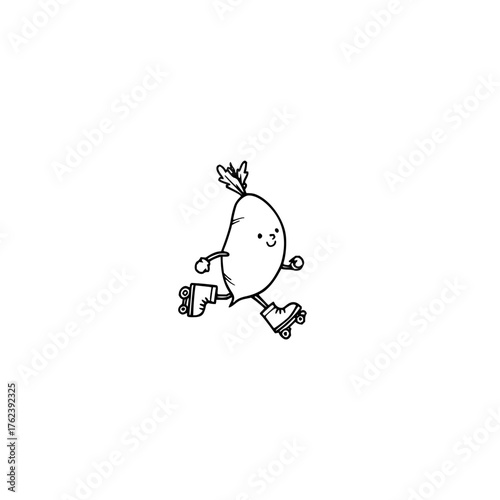 Cartoon radish with a happy face roller skating with arms outstretched on a white isolated background