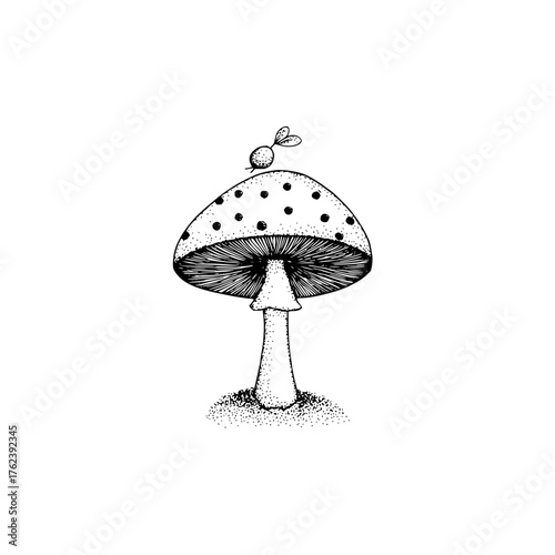 Illustration of a dotted mushroom with a small insect perched on top in black and white style art