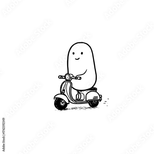 A cartoonish bean shaped character with a smiley face riding a vintage style scooter on a white background