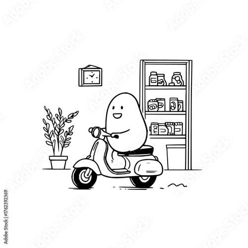 Cartoon egg character riding a scooter with shelves, clock, and plant in the background illustration