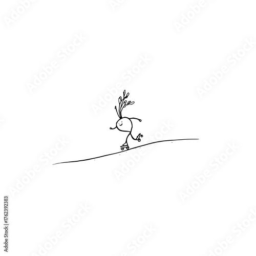 Cartoon drawing of a radish with leaves skateboarding on a hill in black and white simple line art style