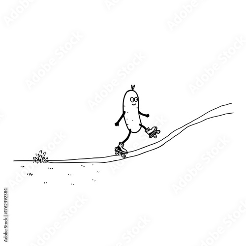 Cartoon carrot character roller skating on a path with grass in a black and white drawing style image