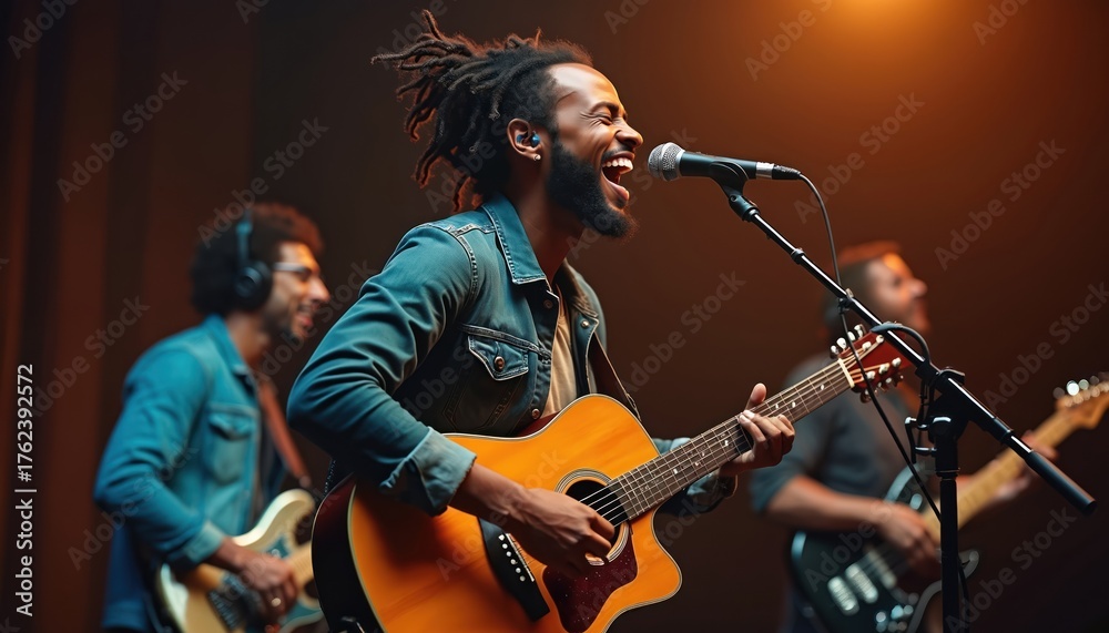 Obraz premium Young african american man with dreadlocks sings into microphone, plays acoustic guitar in recording studio. Two male musicians play electric guitar in background. Band performs music together in pro