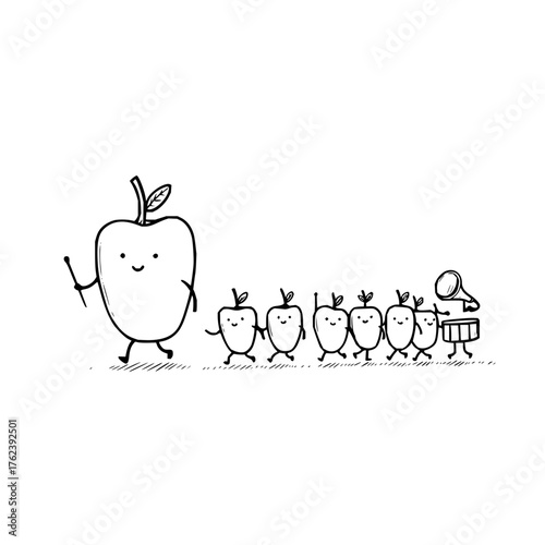 Apple leader with baton leads a parade of smaller apples with one apple playing the drum and megaphone
