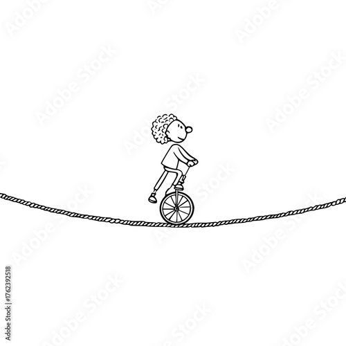 A whimsical drawing of a person with curly hair riding a unicycle on a tightrope in black and white