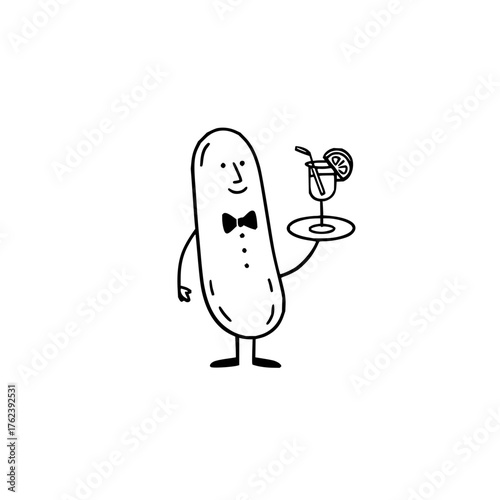 Cartoon pickle character in a tuxedo serving a cocktail on a tray in a minimalist black and white style