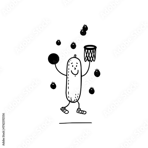 Cartoon pickle character playing basketball with berries and a net in a playful black and white drawing