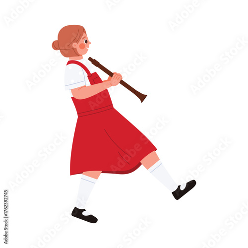 Young girl in red uniform marching and playing clarinet in kids parade isolated vector illustration