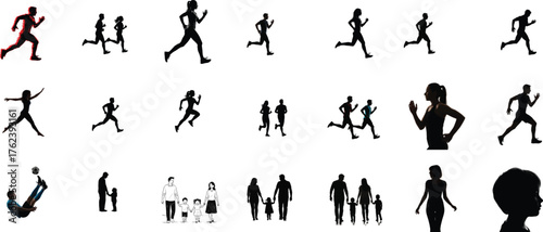 Silhouettes of people running, walking, and standing in various poses.
