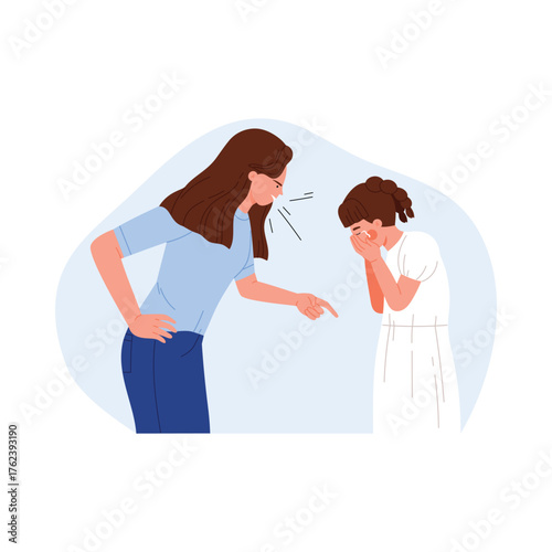 Isolated concept of family abuse with angry mother shouting at sad crying daughter vector illustration