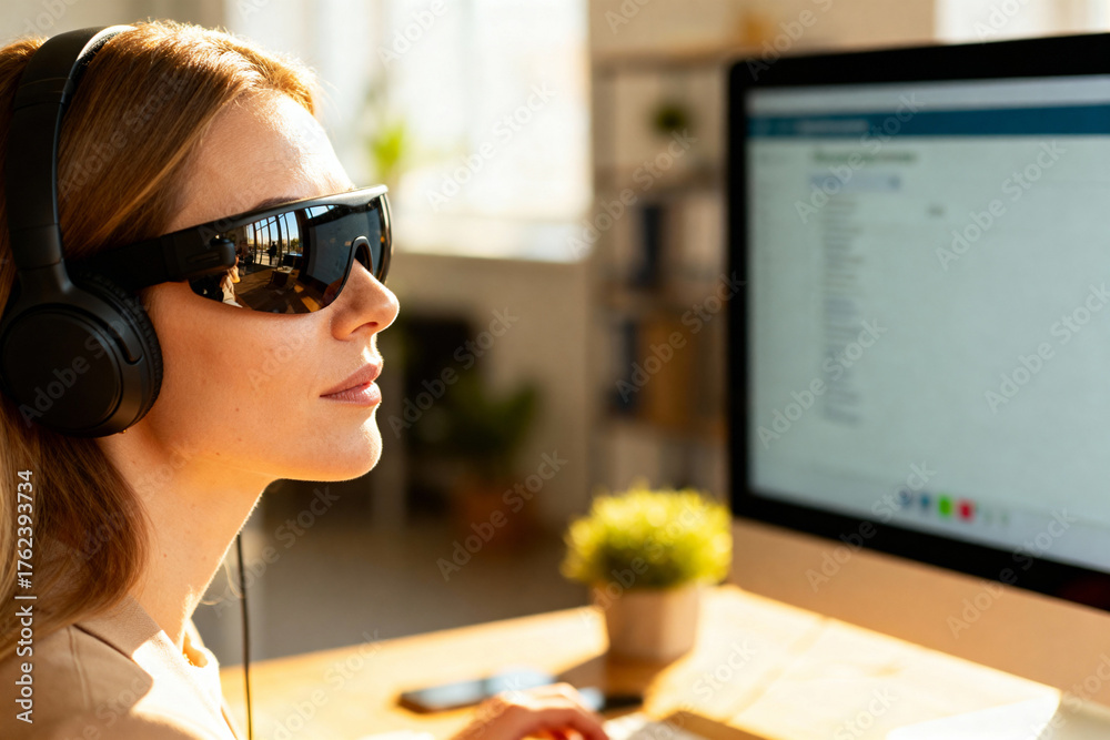 © Olha Ye - close-up of a visually impaired businesswoman wearing headphones, using screen reader software, computer screen reflecting in glasses, bright daylight