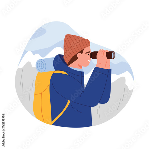Young explorer with backpack and binoculars observing mountain landscape isolated vector illustration