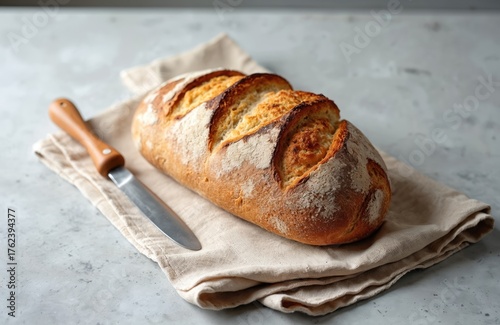 Artisanal loaf of sourdough bread resting on a linen napkin with a knife. Baked golden crusty bread offers delicious appearance. Food photography for food blogs restaurants or bakery concepts