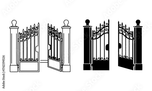 Cemetery Gate Icon in Outline and Solid Black Vector representing the entrance to graveyards visited on Souls Day