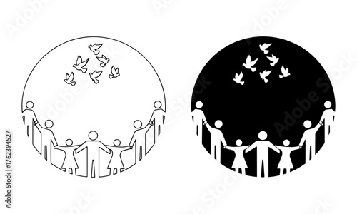 Circle of Unity Icons in Outline and Solid Black Vector representing family and community gathering to remember soul