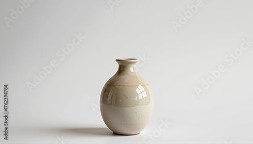 A simple ceramic vase stands alone against a clean white background, perfect for product display, empty, elegant, isolated