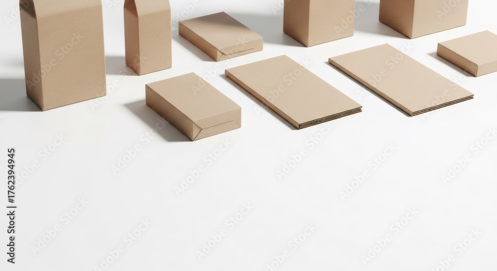 Fototapeta premium Various brown kraft paper cardboard boxes laid out on a white surface, showcasing sustainable packaging for eco-friendly product shipment.