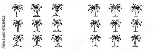 Line drawings of palm trees in various styles and orientations showcasing tropical nature