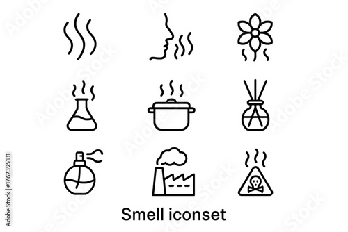 Smell icons representing various scents and their sources in a simple graphic design