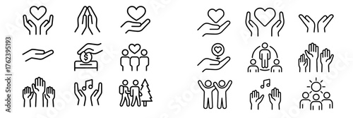 Heartwarming symbols of compassion, kindness, and community support depicted in simple line art
