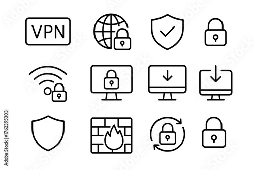 Collection of security icons representing online safety tools and protocols used on various devices and networks