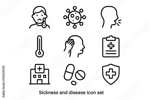 Icon set depicting various sickness and disease symbols including symptoms, treatment, and healthcare settings