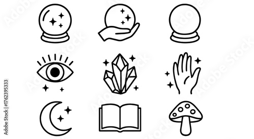Crystal balls, eyes, mushrooms, and crystals depicted in simple line art illustrating mystical and spiritual themes