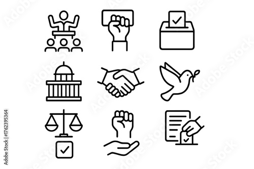 Symbols of civic engagement and participation in democratic processes depicted through simple icons