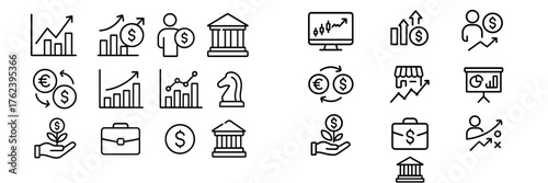 Icons representing financial growth, investments, and business strategies in a simple black and white style