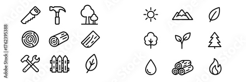 Vector icons of woodworking tools, trees, and nature elements illustrating outdoor activities in a simple design