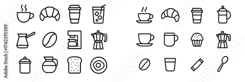Various icons representing coffee and pastry items in simple line art for food lovers