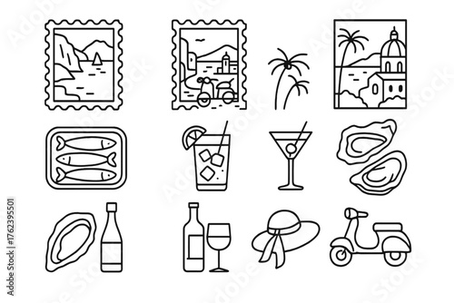 Picturesque coastal scenes featuring food and drinks, highlighting summer vibes and leisure activities