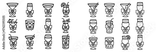Various cocktail glasses filled with different drinks, decorated with bows, arranged in a fun and playful style