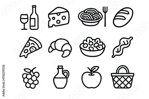 Collection of food and drink icons showcasing popular dishes and ingredients for culinary creativity
