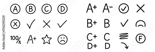 Various grading symbols and letters used to evaluate performance in schools and educational settings