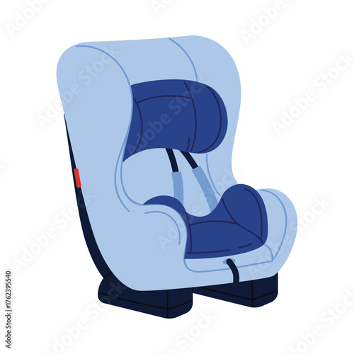 Modern isolated blue child car seat for safe travel and protection on white background vector illustration