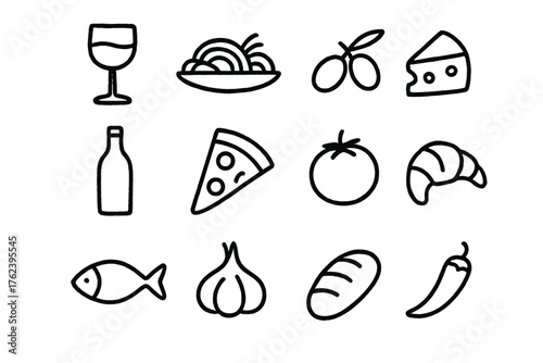 Delicious Italian feast featuring wine, pasta, olives, and fresh bread on a simple background