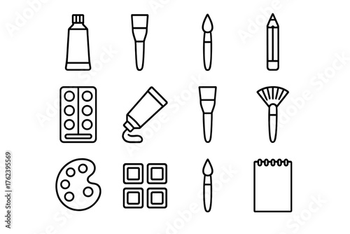 Art supplies arranged in a grid layout with brushes, paint tubes, and palettes displayed on a simple background